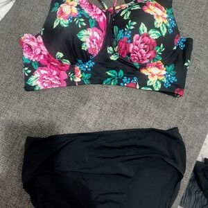 Floral Bikini Top and Black Bottom Set